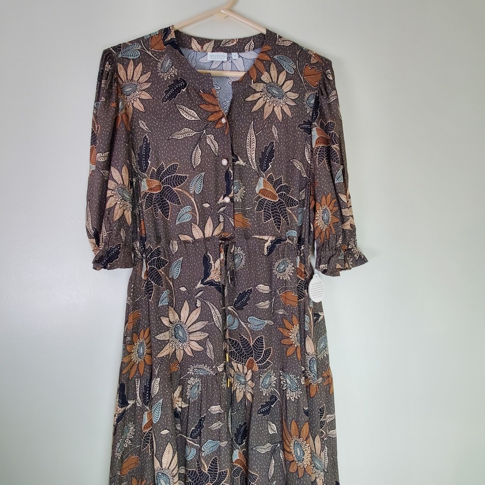 NWT Spartina Lynette Midi Dress Botanic Garden Boho Floral Gray Medium Tiered